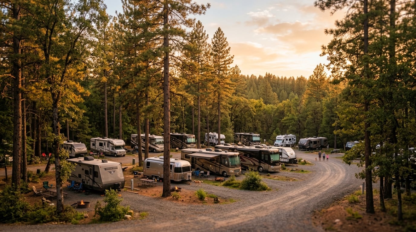 Scenic campground at golden hour with tents among trees